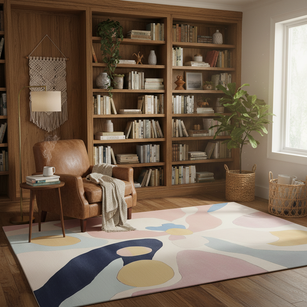 Cozy living room with a bookshelf, armchair, and colorful rug.
