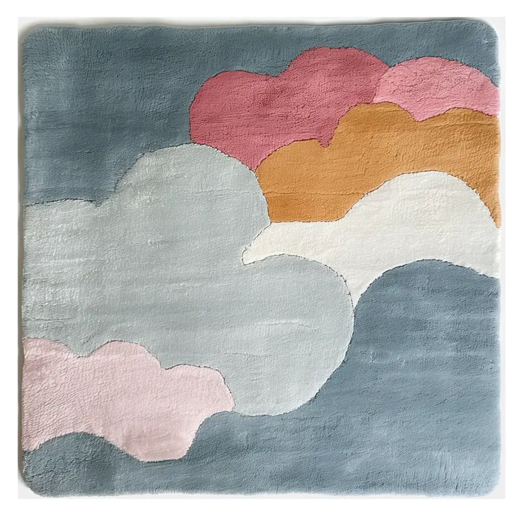 A stunning Pastel Skies Hand Tufted Wool Rug featuring a soft and calming color palette. This area rug displays a blend of blue, pink, and orange hues, creating a cloud-like pattern that adds a touch of elegance to any living room. Perfect for those seeking a unique wool rug to enhance their home decor.