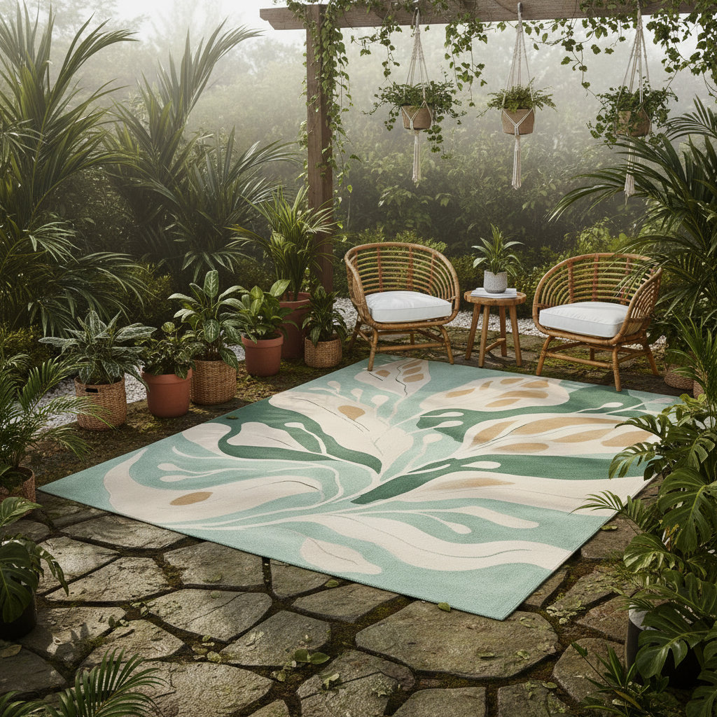 Outdoor setting with a patterned rug, wicker chairs, and potted plants in a garden.