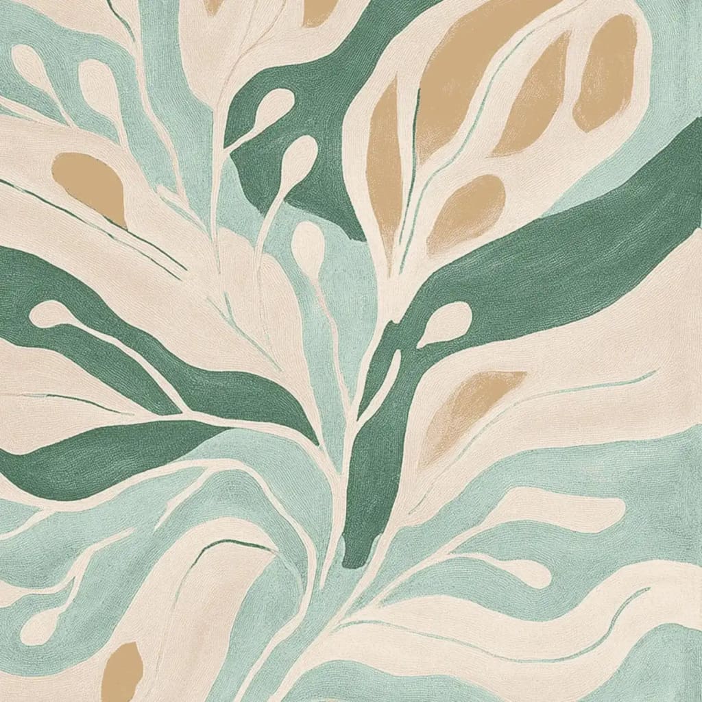 A beautifully designed area rug featuring a contemporary abstract pattern with flowing pastel hues of green, beige, and tan. This hand-tufted wool rug is perfect as a large living room rug, especially in an 8x10 size, adding a touch of elegance and modern style.