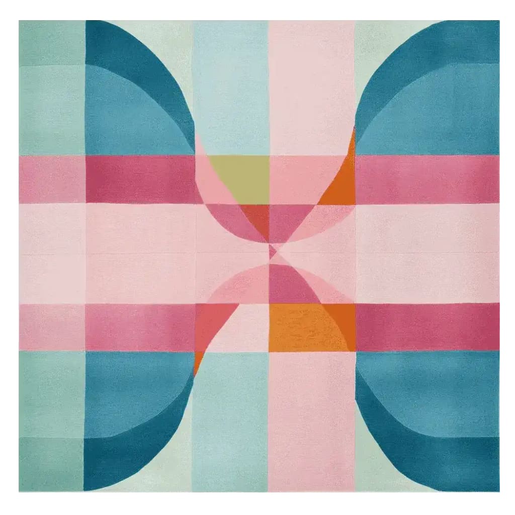 A vibrant and colorful area rug with an abstract geometric pattern in shades of pink, blue, and orange. This square area rug, crafted from wool, is perfect for adding a modern touch to living rooms. Ideal for spaces needing living room rugs in 8x10 dimensions.
