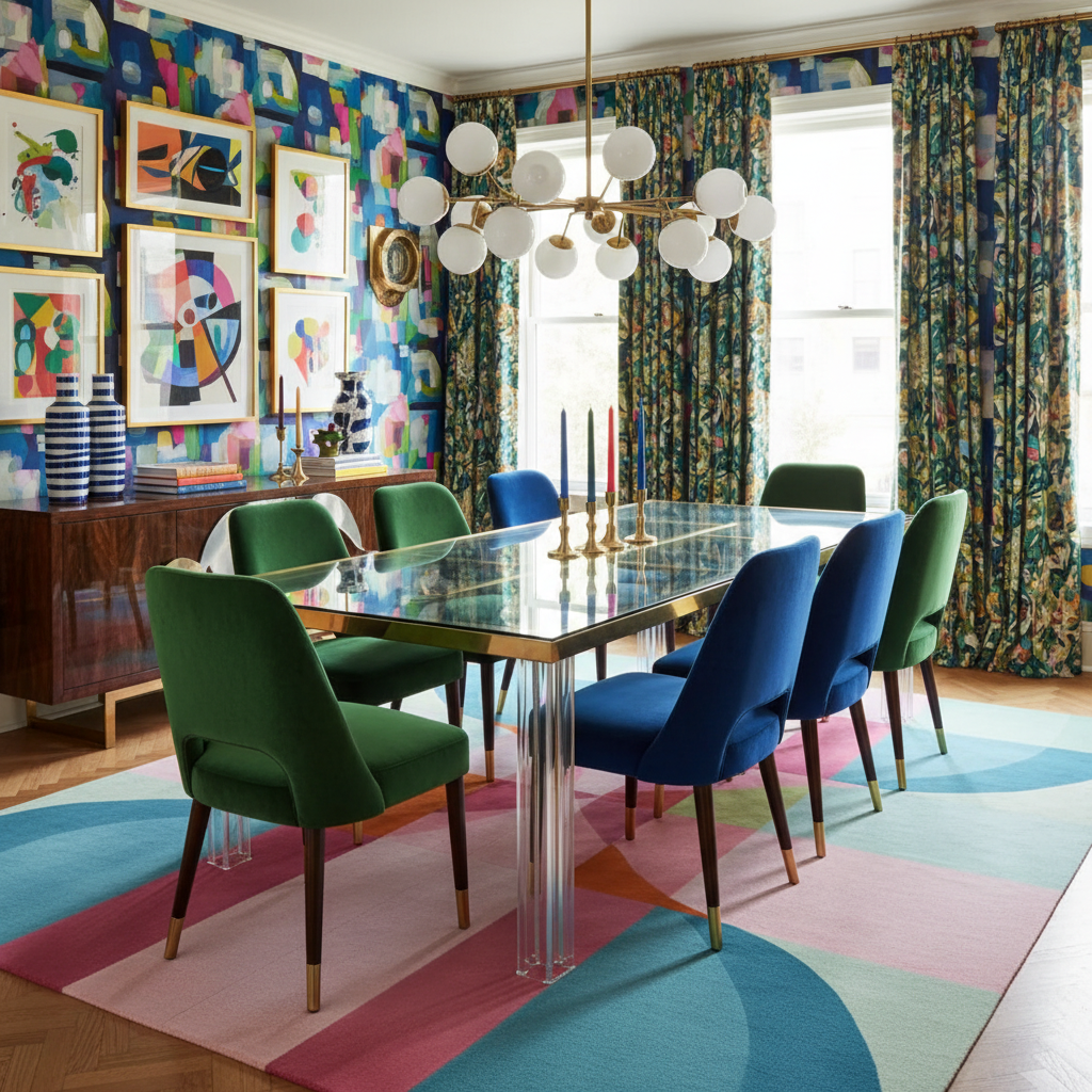 Colorful dining room with abstract art, patterned chairs, COLORFUL HAND MADE RUG, and a modern chandelier.