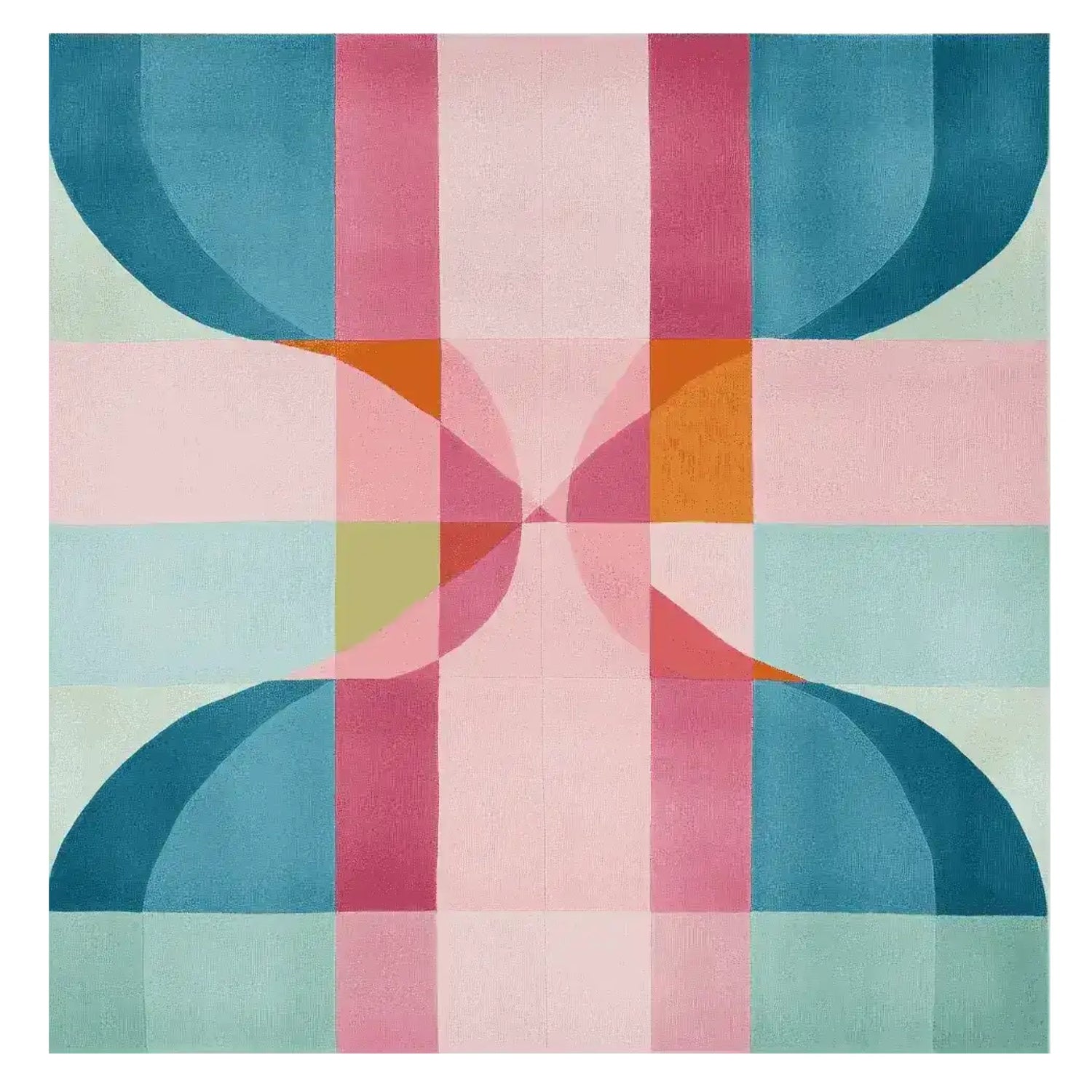 Vibrant and modern square area rug featuring an abstract geometric design in pastel colors, perfect for adding a pop of color to living room spaces. This wool rug measures 8x10 and is ideal for homeowners seeking stylish area rugs for the living room.