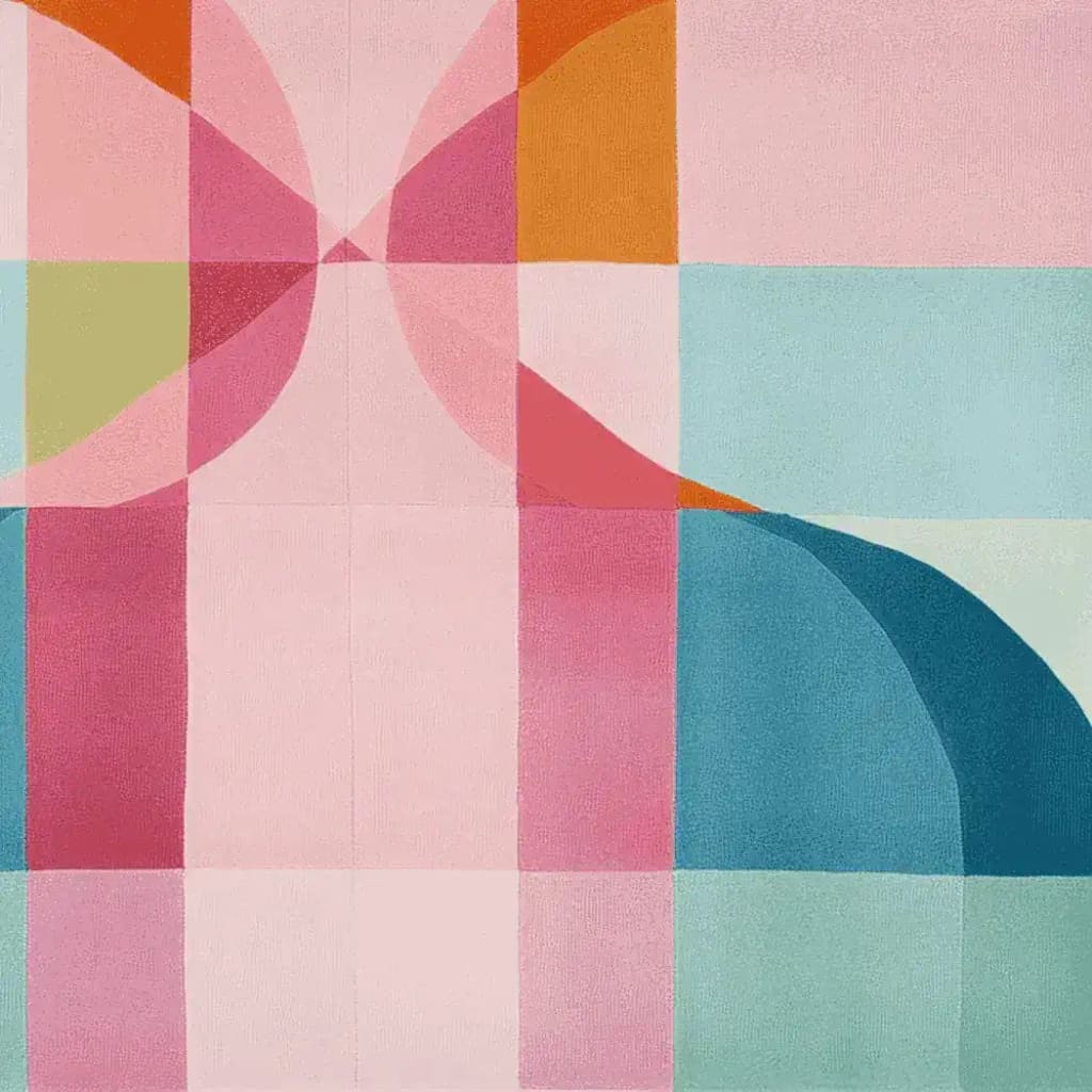 Vibrant square area rug featuring a colorful abstract design with shades of pink, orange, blue, and green. This wool rug is perfect as an area rug for living rooms, especially in an 8x10 size, adding a lively touch to any space.