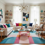Modern living room with colorful rug, furniture, and abstract art.