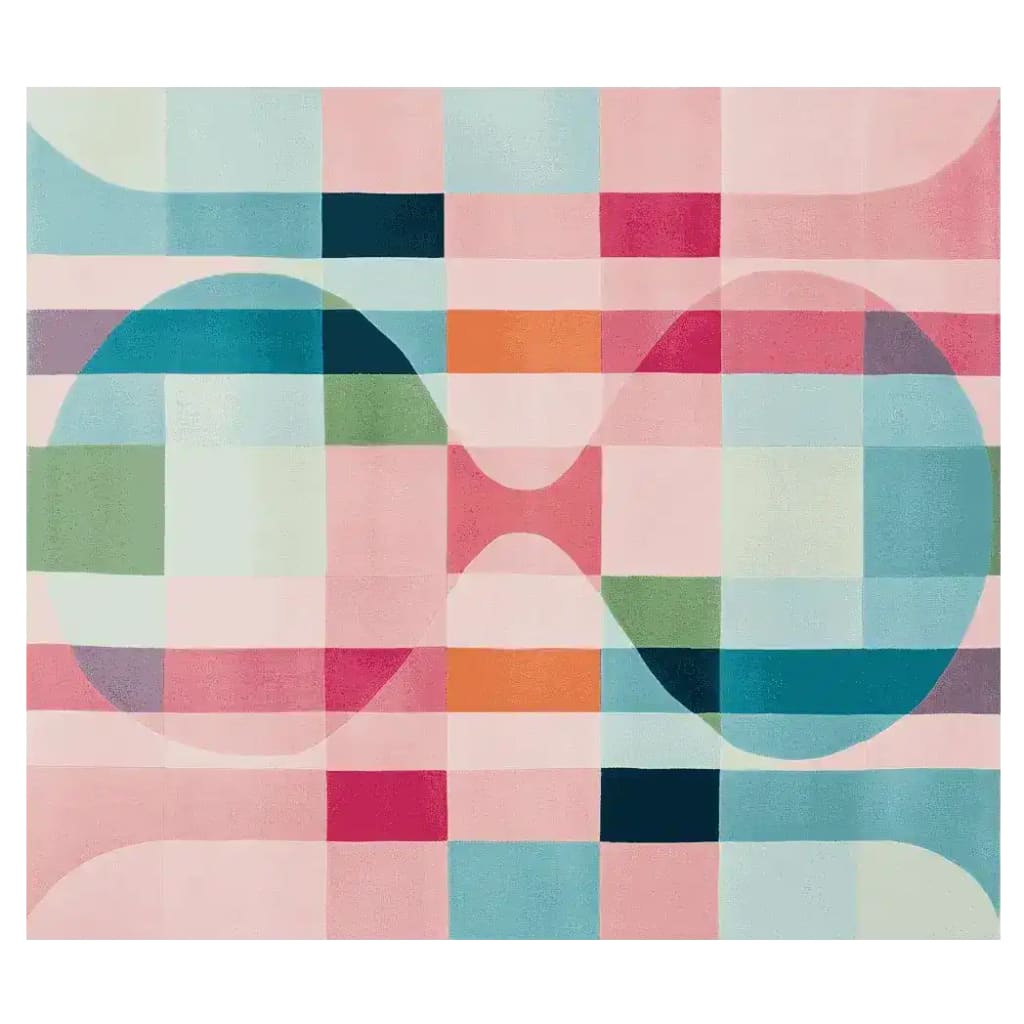 A vibrant and colorful area rug featuring a geometric pattern in pastel shades of pink, blue, green, and orange. This contemporary wool rug, ideal for living room areas, measures 8x10 and adds a modern touch to any space.