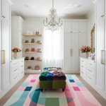 Modern walk-in closet with white wardrobes, a colorful rug, and decorative items.