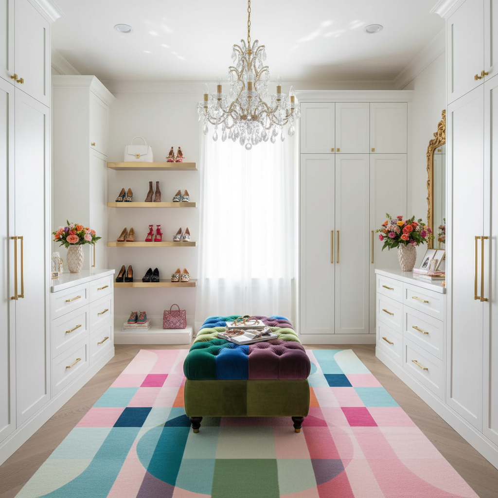 Modern walk-in closet with white wardrobes, a colorful rug, and decorative items.