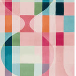 A vibrant, abstract pastel area rug with a blend of pink, blue, green, and orange geometric patterns. This contemporary wool rug is perfect for adding a modern touch to living room area rugs. Ideal size for living room rugs 8x10.