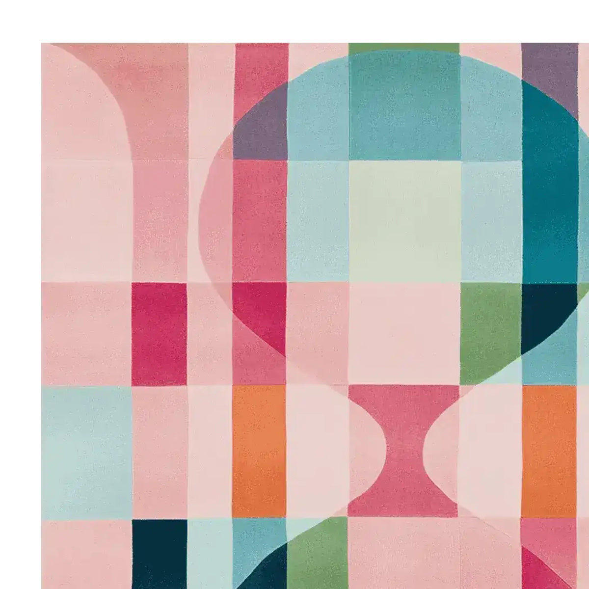 A vibrant and contemporary area rug featuring a geometric pattern with a mix of pastel colors. This wool rug is perfect for adding a modern touch to any living room, especially in an 8x10 size. The design includes bold blocks of pink, blue, green, and orange, making it an ideal choice for those seeking stylish living room area rugs.