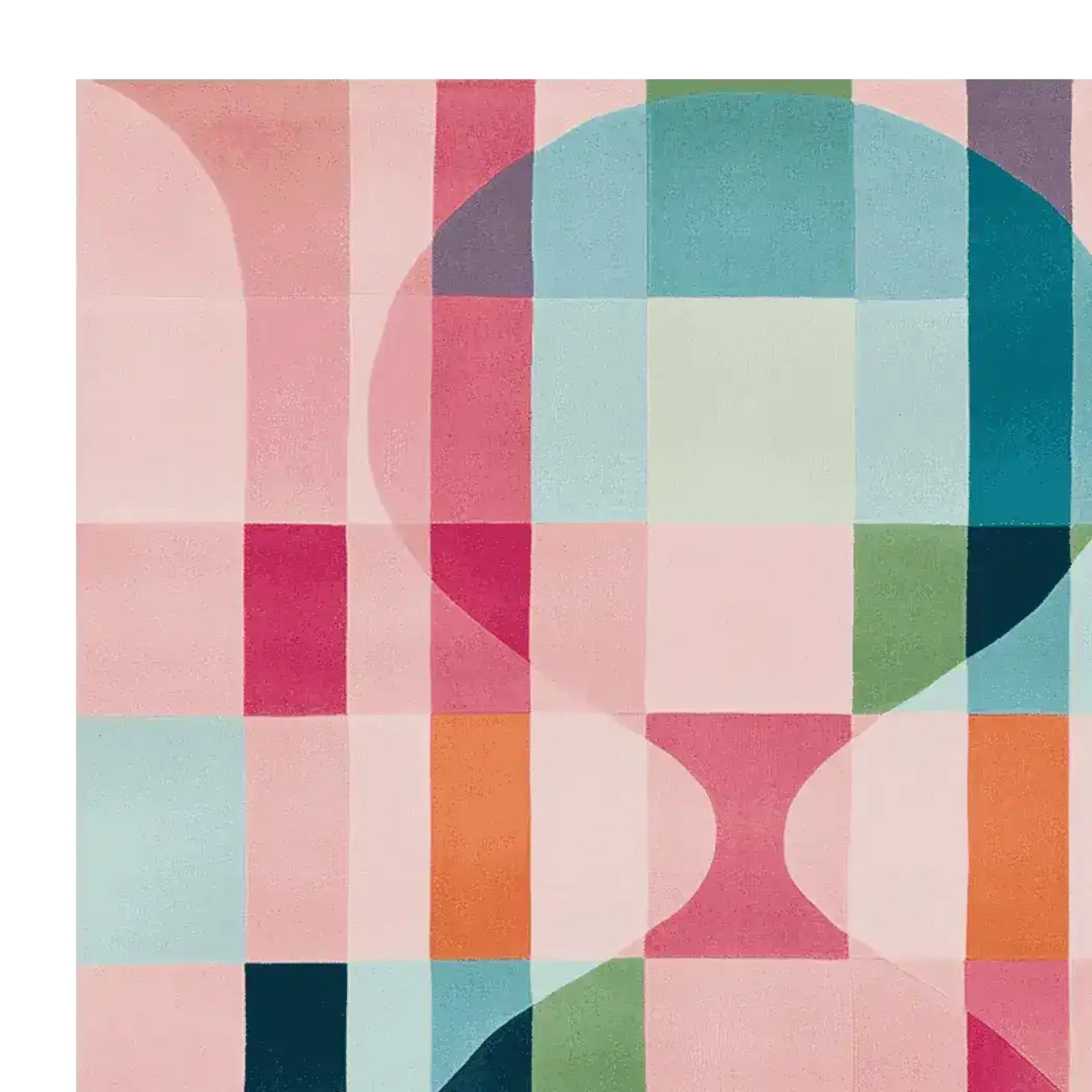 A vibrant and contemporary area rug featuring a geometric pattern with a mix of pastel colors. This wool rug is perfect for adding a modern touch to any living room, especially in an 8x10 size. The design includes bold blocks of pink, blue, green, and orange, making it an ideal choice for those seeking stylish living room area rugs.