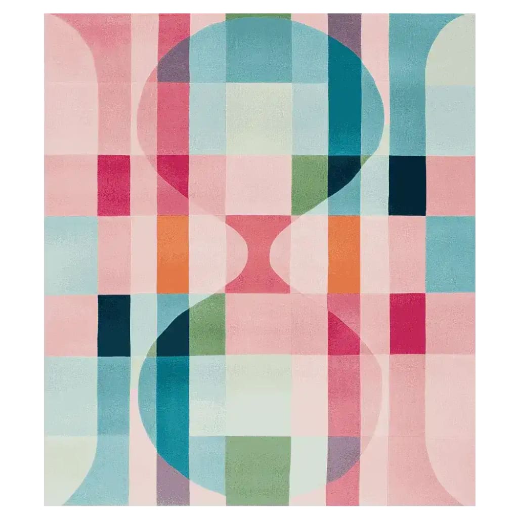 A vibrant and colorful area rug featuring a contemporary design with overlapping geometric shapes in pastel hues. This wool rug is ideal for adding a modern touch to living room area rugs, measuring 8x10, perfect for any stylish home setting.