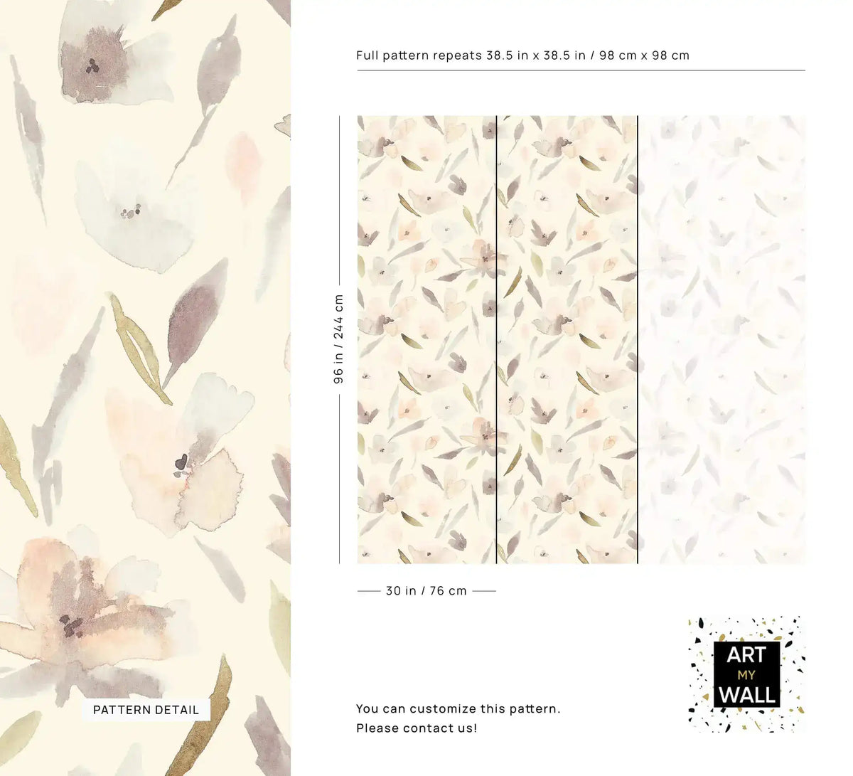 Pastel watercolor blossom wallpaper detail of soft cream florals with repeat and sizing