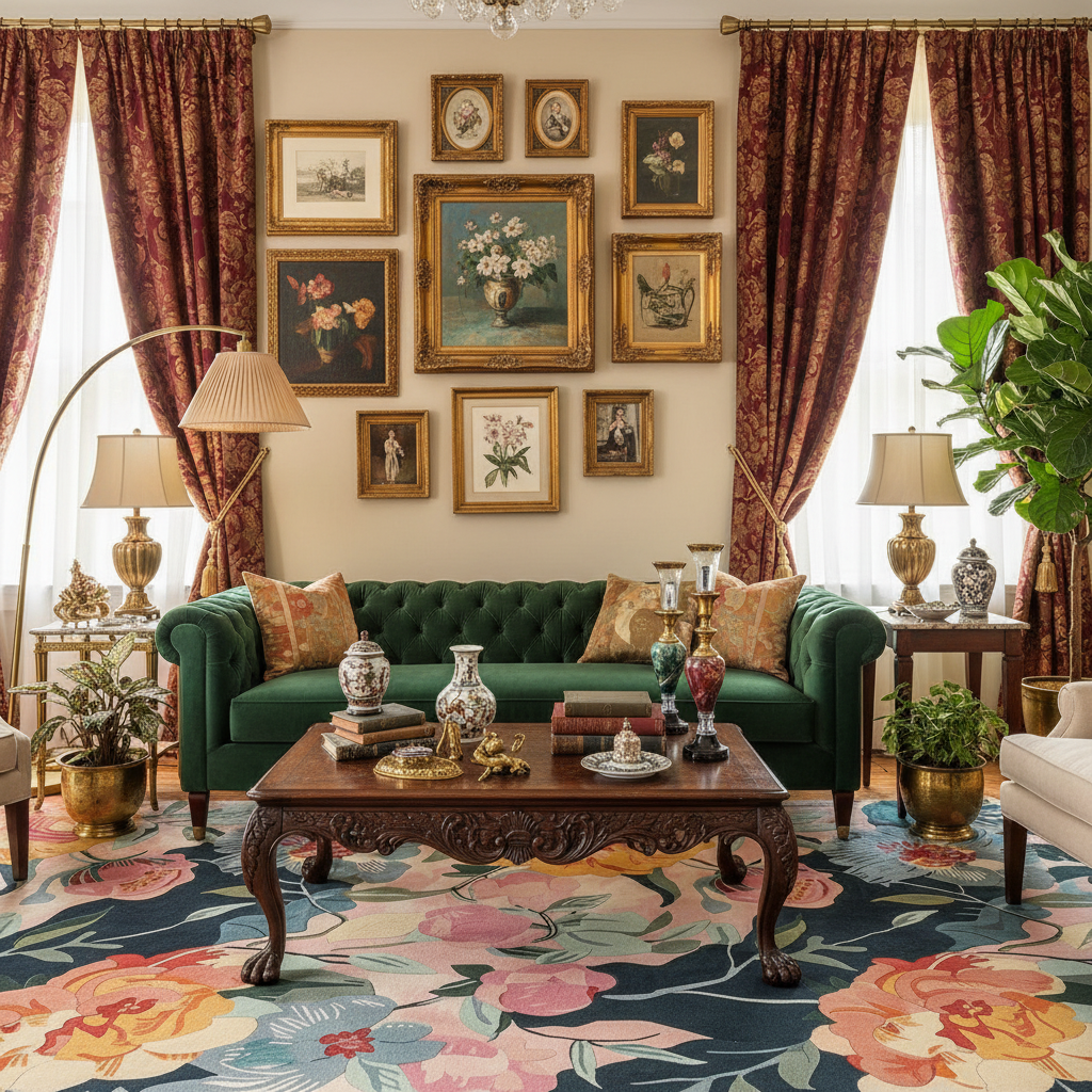 Decorative living room with a green sofa, wooden coffee table, a floral traditional wool rug, and framed pictures on the wall.