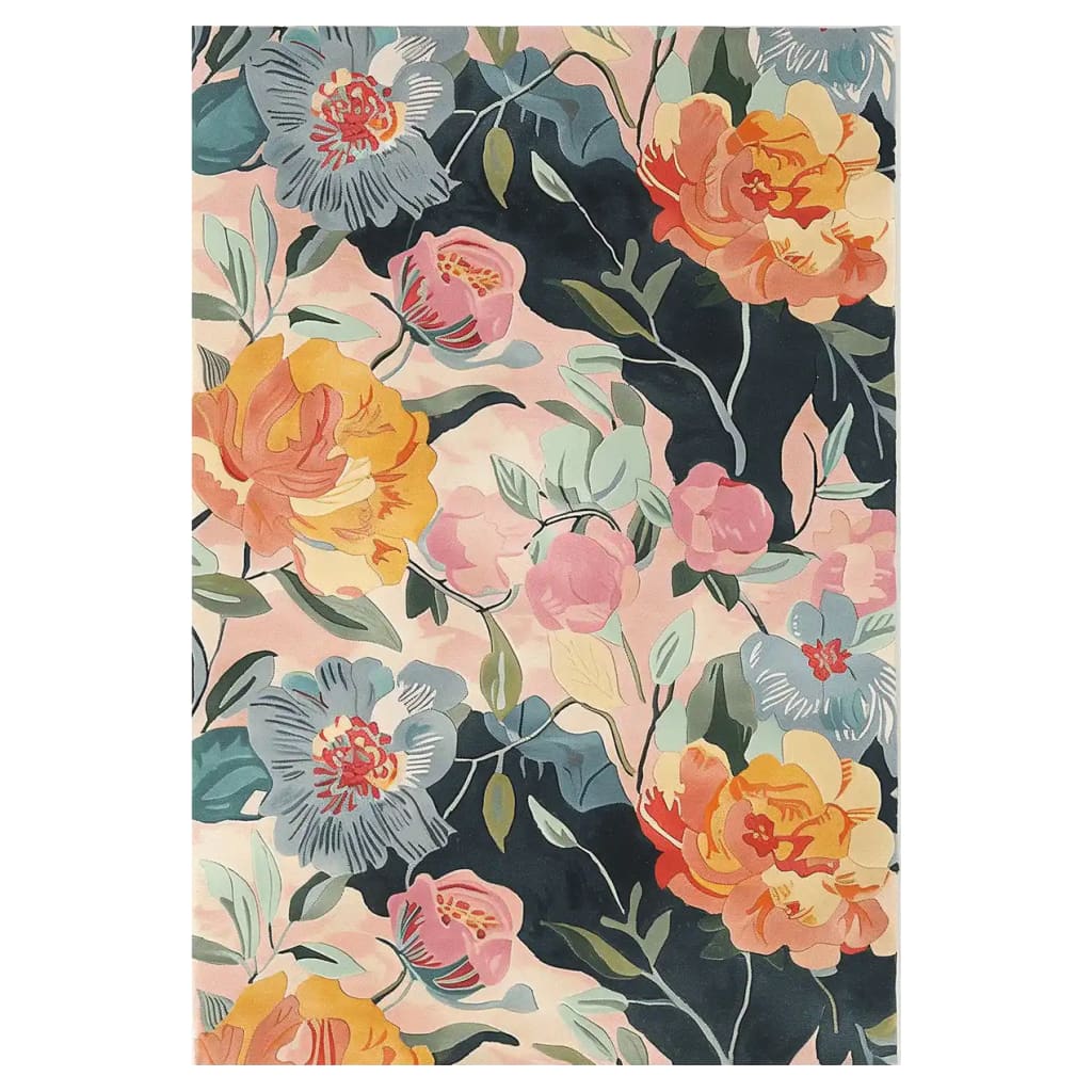 Vibrant floral area rug featuring a hand-tufted design with bold, colorful blooms on a soft wool background, perfect for large living room spaces.