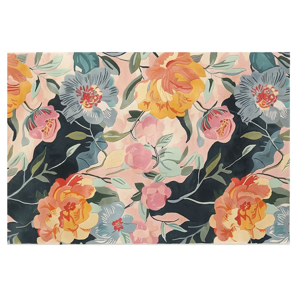 A vibrant area rug featuring a hand-tufted wool design with blooming pastel flowers, perfect for enhancing large living room spaces.