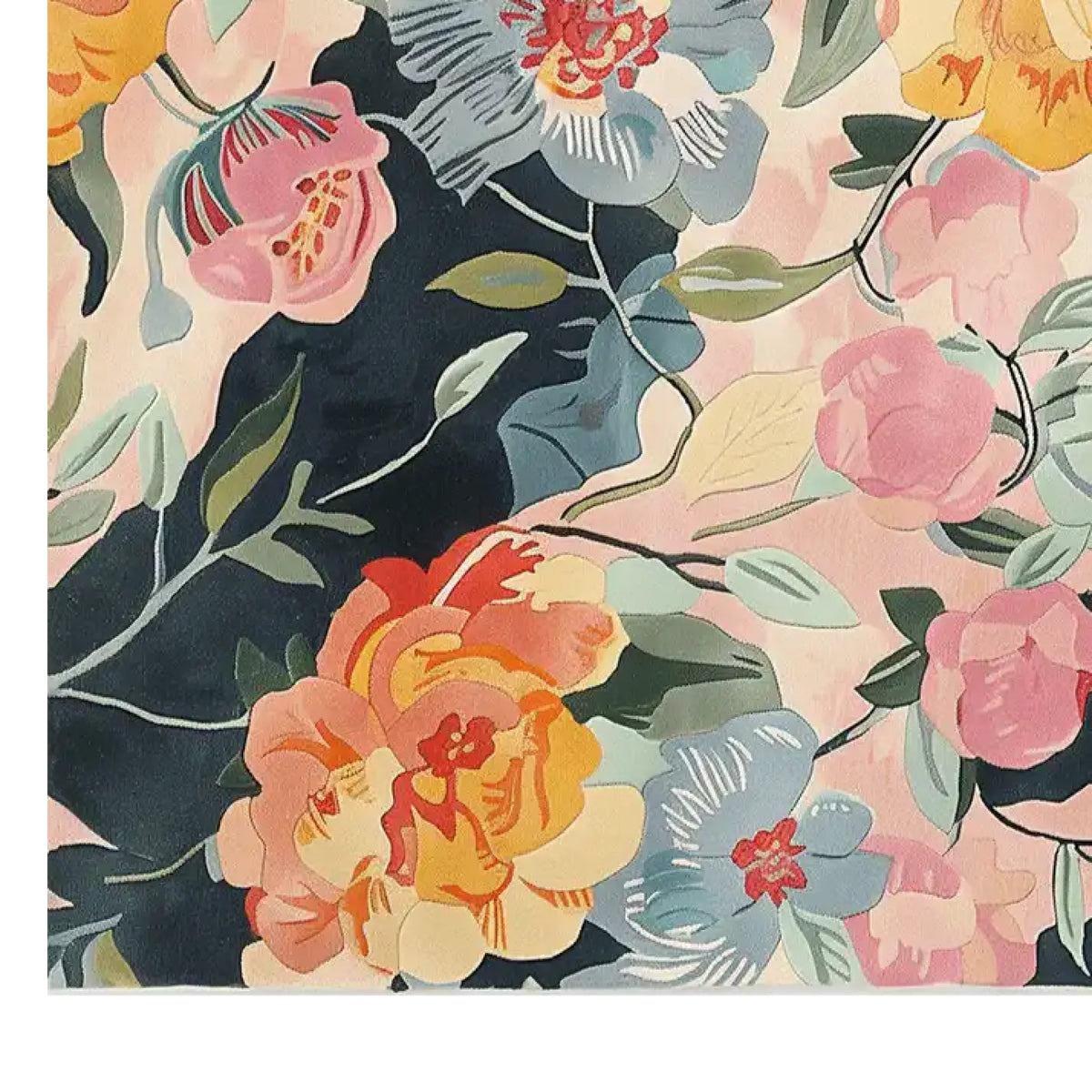 Bright and colorful area rug featuring a vibrant floral design with large blooms in shades of pink, orange, and blue against a dark background. This hand-tufted wool rug is perfect for adding a splash of color to large living room spaces.