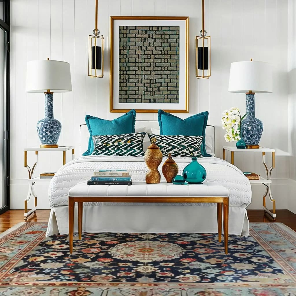 A beautifully styled bedroom featuring a Pastoral Blossom Weave Hand Knotted Area Rug. This square area rug, with its intricate floral design, adds a vintage touch to the living room setting. The wool rug complements the elegant decor, including teal pillows and decorative vases, making it ideal for living rooms and offices seeking a Persian rug aesthetic.