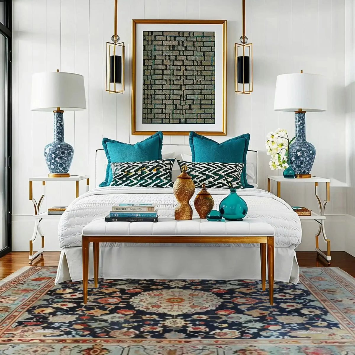 A beautifully styled bedroom featuring a Pastoral Blossom Weave Hand Knotted Area Rug. This square area rug, with its intricate floral design, adds a vintage touch to the living room setting. The wool rug complements the elegant decor, including teal pillows and decorative vases, making it ideal for living rooms and offices seeking a Persian rug aesthetic.