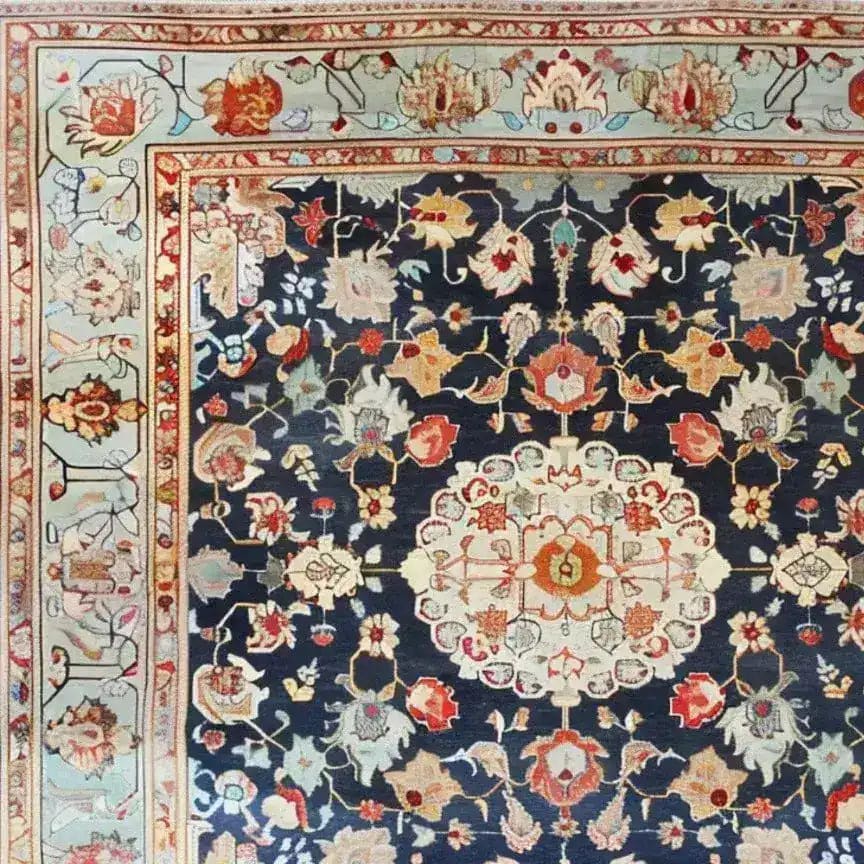 A beautifully detailed square area rug featuring a floral design with intricate patterns, perfect for living rooms or offices. This vintage wool rug showcases a Persian style, with vibrant colors and a classic border, making it an ideal choice for those seeking rugs for living rooms with a touch of elegance.