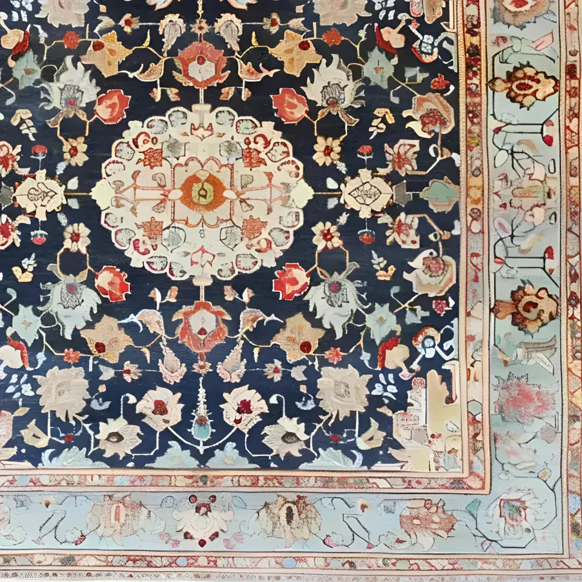 A beautifully intricate floral pattern adorns this hand-knotted wool area rug, showcasing rich, vintage-inspired designs. The square area rug features vibrant colors on a deep blue background, perfect for adding elegance to living rooms or offices. This Persian-style rug offers a touch of timeless charm and is ideal for those seeking luxurious rugs for living rooms.