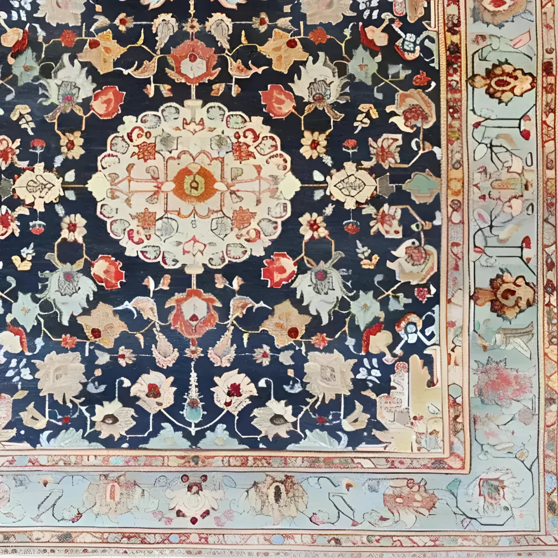 A beautifully intricate floral pattern adorns this hand-knotted wool area rug, showcasing rich, vintage-inspired designs. The square area rug features vibrant colors on a deep blue background, perfect for adding elegance to living rooms or offices. This Persian-style rug offers a touch of timeless charm and is ideal for those seeking luxurious rugs for living rooms.