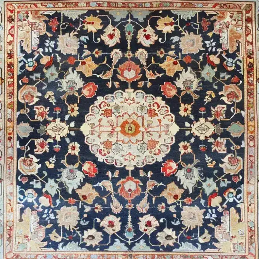 This exquisite hand-knotted area rug features a stunning floral design with vibrant colors set against a dark background. Perfect for enhancing the elegance of a living room or office, this square area rug combines vintage Persian rug aesthetics with modern wool craftsmanship.