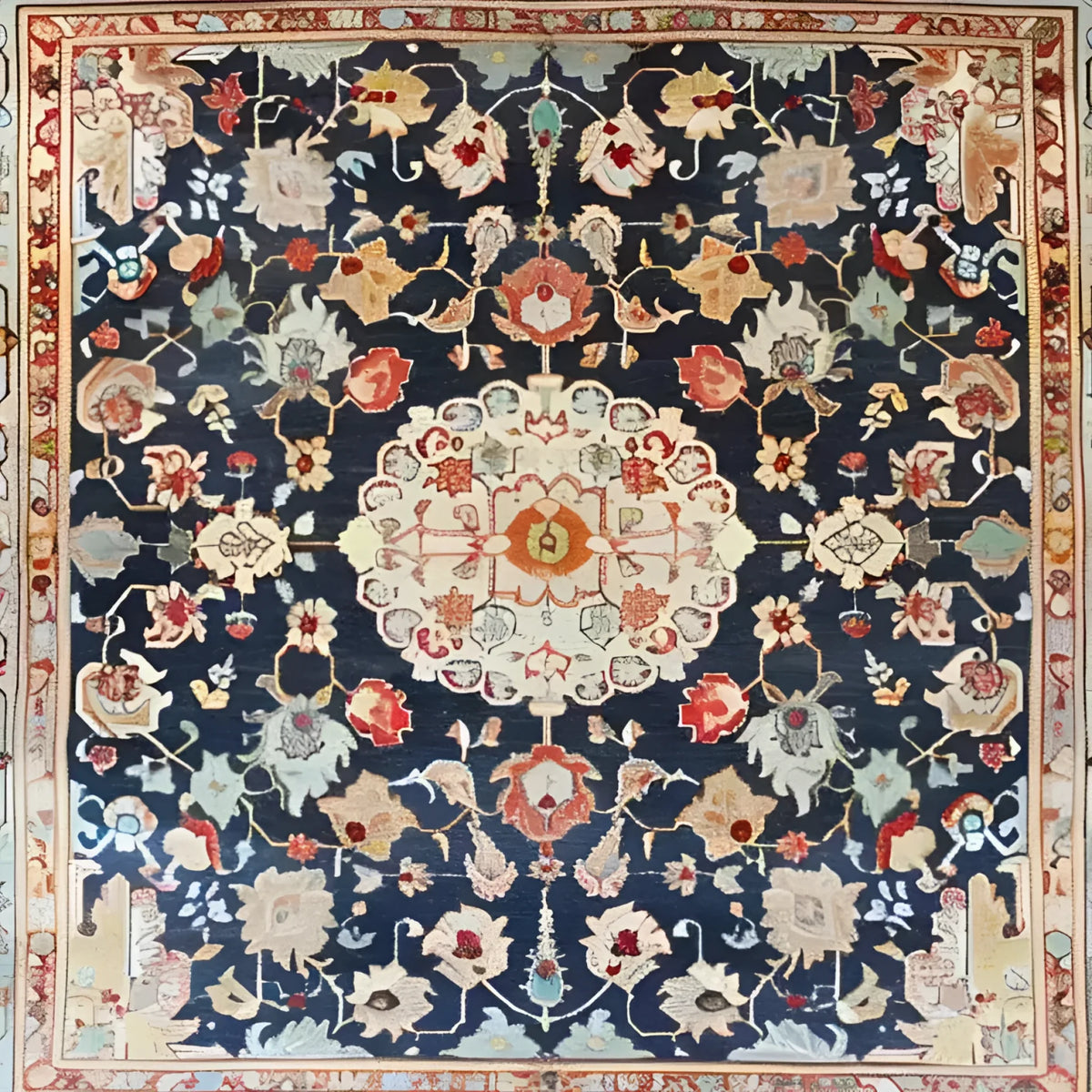 This exquisite hand-knotted area rug features a stunning floral design with vibrant colors set against a dark background. Perfect for enhancing the elegance of a living room or office, this square area rug combines vintage Persian rug aesthetics with modern wool craftsmanship.
