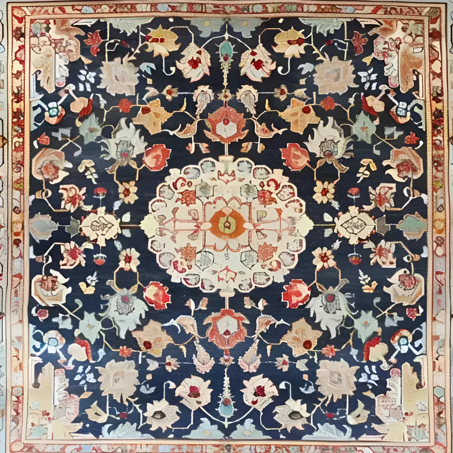 This exquisite hand-knotted area rug features a stunning floral design with vibrant colors set against a dark background. Perfect for enhancing the elegance of a living room or office, this square area rug combines vintage Persian rug aesthetics with modern wool craftsmanship.
