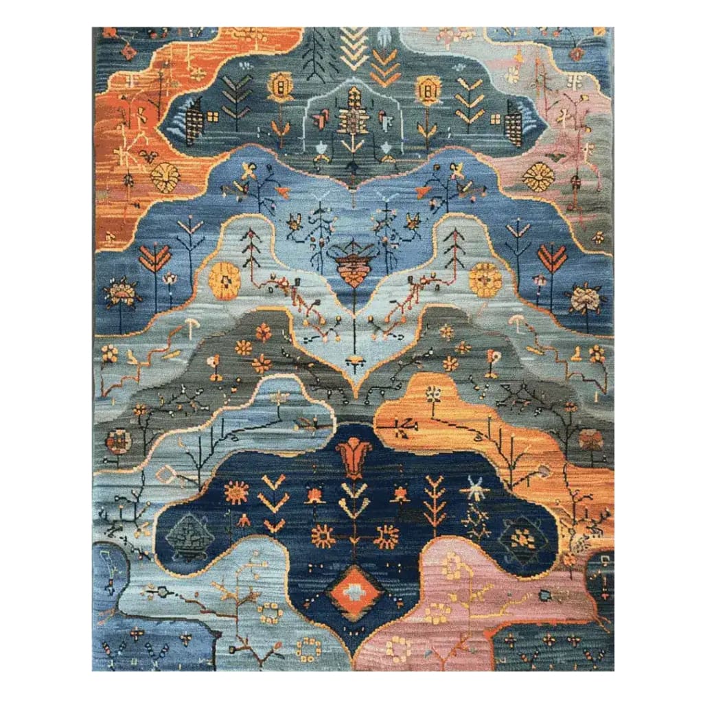 The Pastoral Dreamscape Hand Tufted Rug showcases an intricate design with vibrant colors, perfect for enhancing any living space. This contemporary area rug features a floral pattern in shades of blue, orange, and pink, ideal for large living rooms. Made from high-quality wool, this 8x10 rug combines durability with a touch of elegance, making it a standout piece among living room rugs.