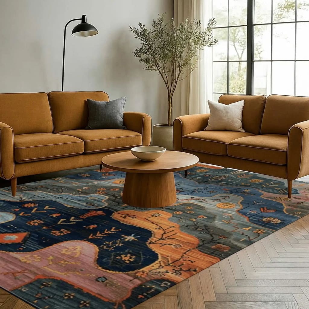 A beautifully styled living room featuring a Pastoral Dreamscape Hand Tufted Area Rug. This contemporary rug, ideal for large living rooms, measures 8x10 and showcases a vibrant floral design. Made from high-quality wool, it adds warmth and elegance to the space, complementing the modern brown sofas and wooden coffee table.