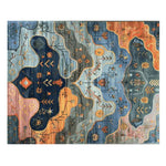 A beautifully crafted area rug showcasing a vibrant and contemporary design. This large living room rug, perfect for an 8x10 space, features an abstract floral pattern with a harmonious blend of blues, oranges, and pinks. Made from high-quality wool, this hand-tufted rug adds a touch of elegance and warmth to any living area.