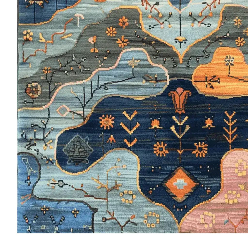 This beautiful area rug, titled 'Pastoral Dreamscape Hand Tufted Rug', features an intricate abstract floral design with vibrant colors including blues, oranges, and pinks. Perfect for adding a contemporary touch to your living room, this wool rug measures 8x10, making it ideal as a large living room rug. The unique pattern and high-quality tufting make it a standout piece for any modern home.
