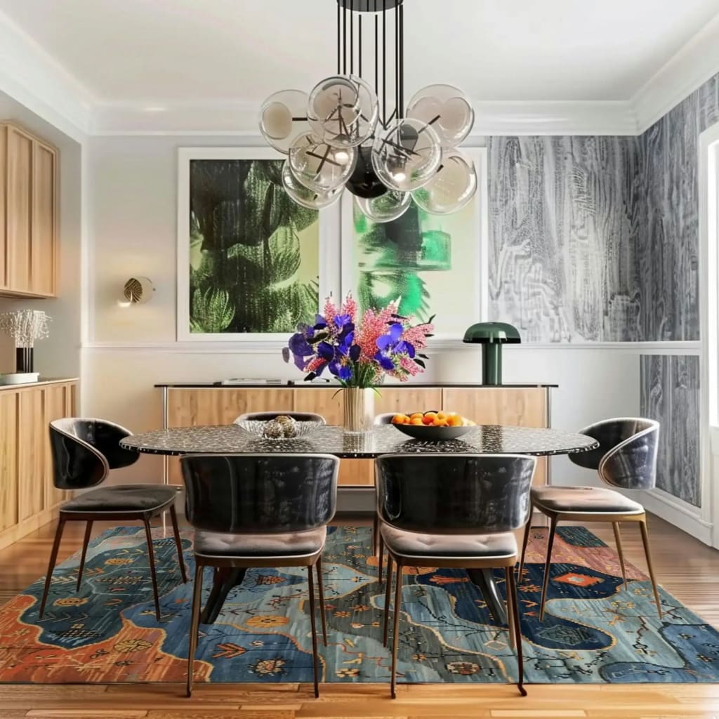 A contemporary living room featuring a Pastoral Dreamscape hand-tufted area rug in vibrant floral patterns. This large 8x10 wool rug adds a touch of elegance and warmth to the space, complementing the sleek black chairs and modern dining table.