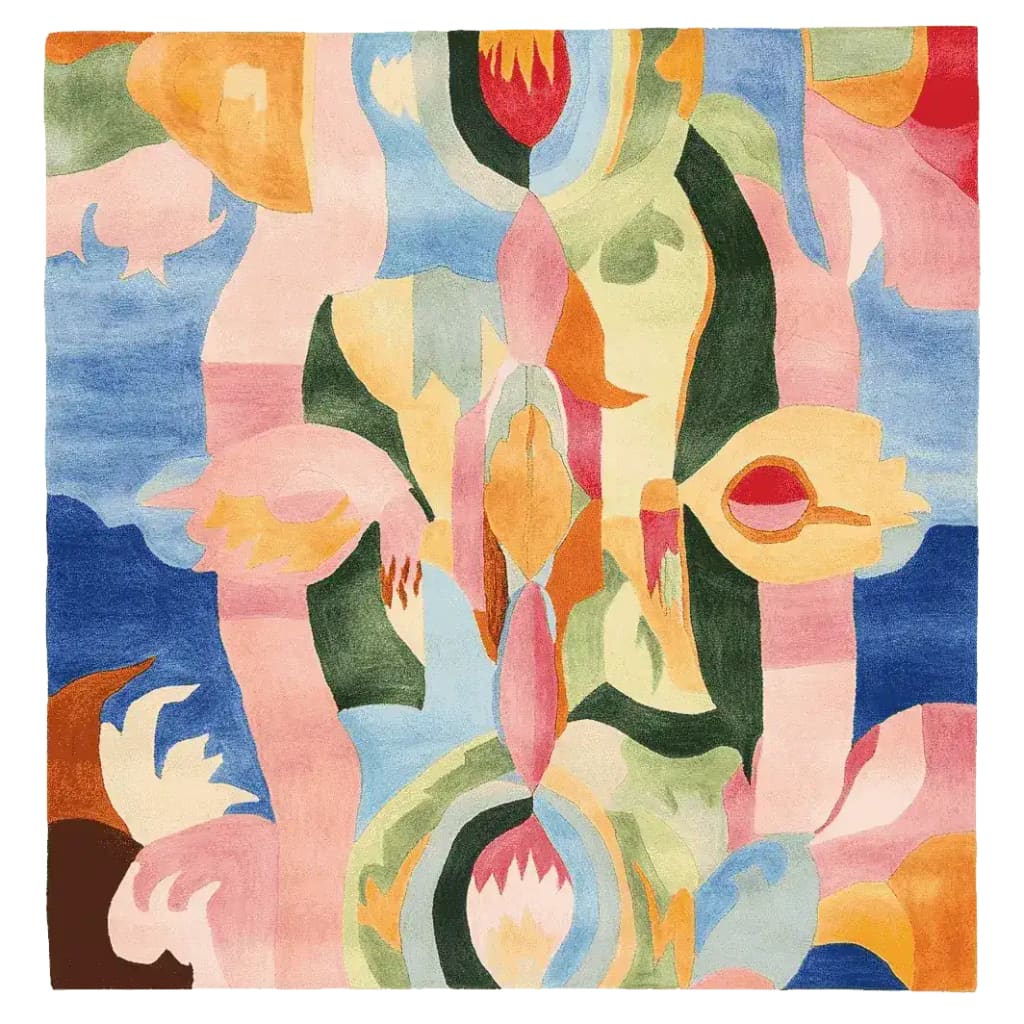 Vibrant Patchwork Color Realm Hand Tufted Area Rug featuring an abstract design with bold colors like blue, pink, green, and yellow. This contemporary square rug is perfect for adding a modern touch to living room spaces. Made from high-quality wool, it's an ideal choice for those seeking stylish and durable rugs for living rooms.