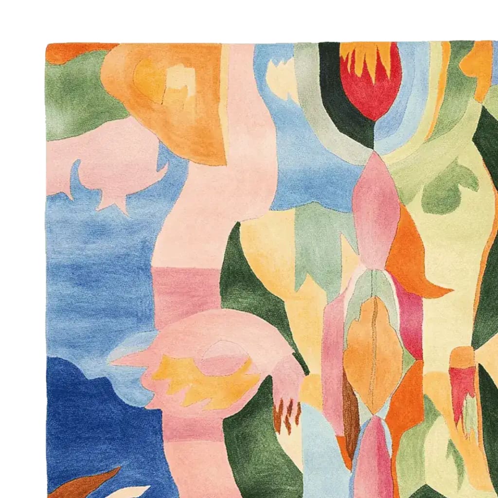 Vibrant Patchwork Color Realm Hand Tufted Rug showcasing an abstract design in a square shape. This contemporary area rug features a mix of bold colors like blue, pink, and green, perfect for adding a pop of color to living room spaces. Made from quality wool, this square rug offers both style and comfort, making it an ideal choice for those seeking unique rugs for living room decor.