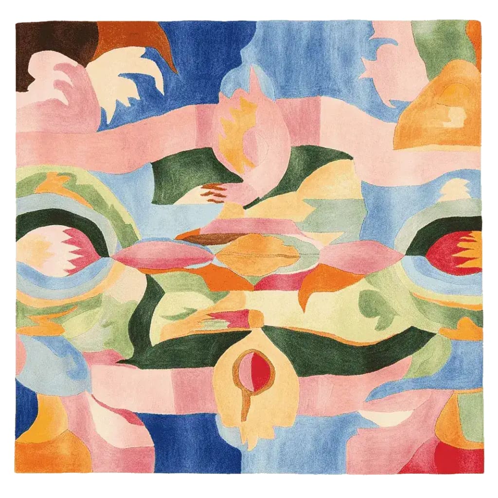 A vibrant and colorful square area rug featuring an abstract patchwork design with a mix of pink, blue, green, and orange hues. This contemporary wool rug is perfect for adding a splash of color to any living room, offering a unique artistic touch to your decor.