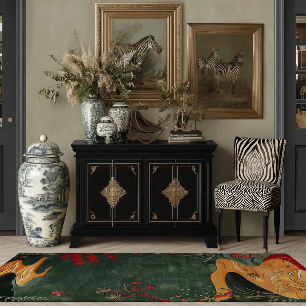 A stylish area rug with abstract patterns in vibrant colors, perfectly complementing a sophisticated dining room setting. The wool rug lies elegantly on the floor, enhancing the contemporary and formal dining room decor with its unique design.