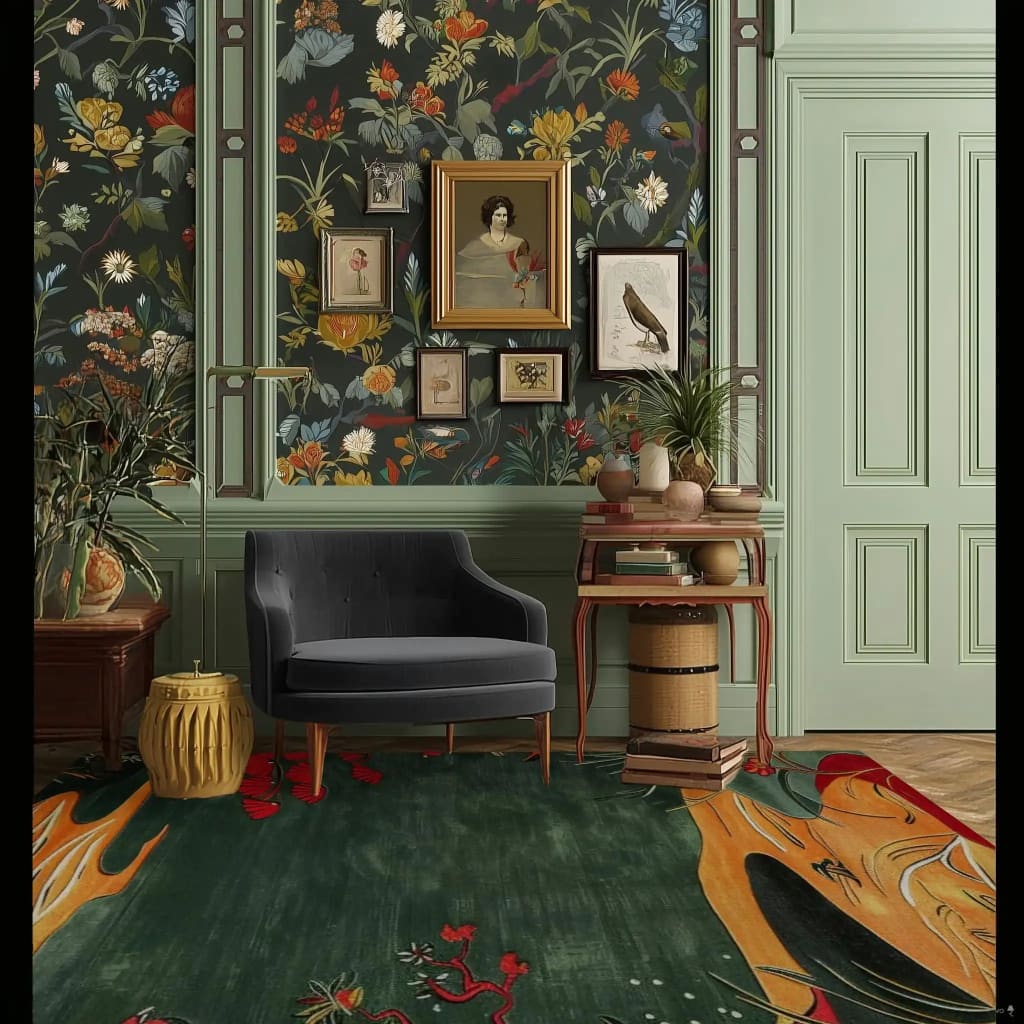 A beautifully styled living room featuring the Path to Paradise Hand Tufted Area Rug. This contemporary wool rug, with its vibrant abstract design, complements the elegant floral wallpaper and classic dark chair. Perfect for a dining room or formal dining room, this rug adds a touch of sophistication and warmth.