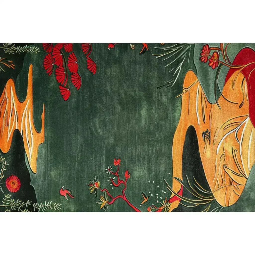 A vibrant and artistic area rug featuring a lush green background with abstract botanical designs in bold red and orange hues. Perfect for adding a touch of elegance to a living room or dining room, this contemporary wool rug brings warmth and character, making it an ideal choice for formal dining room settings.