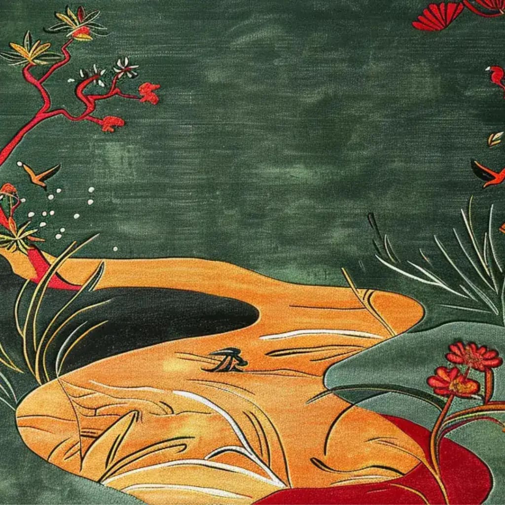 Vibrant area rug featuring a contemporary design with bold abstract patterns. The wool rug showcases a flowing path motif with red and orange floral accents, ideal for a dining room or living room setting. Perfect as a dining table rug or formal dining room rug, adding elegance and style.