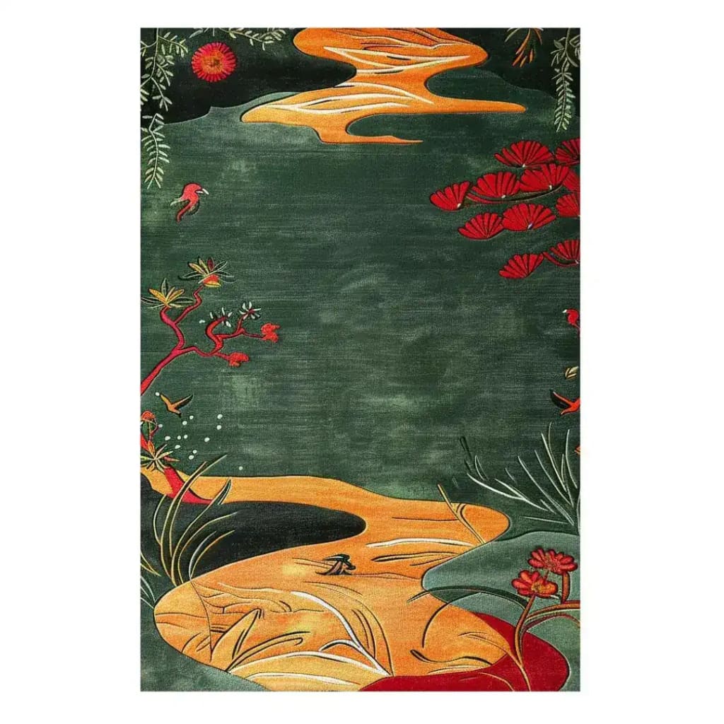 The Path to Paradise Hand Tufted Area Rug features a vibrant, abstract design with lush green and warm orange tones, accented by red floral motifs. This wool rug is perfect for adding a contemporary touch to a dining room or living room, serving as an elegant dining table rug or a formal dining room centerpiece.