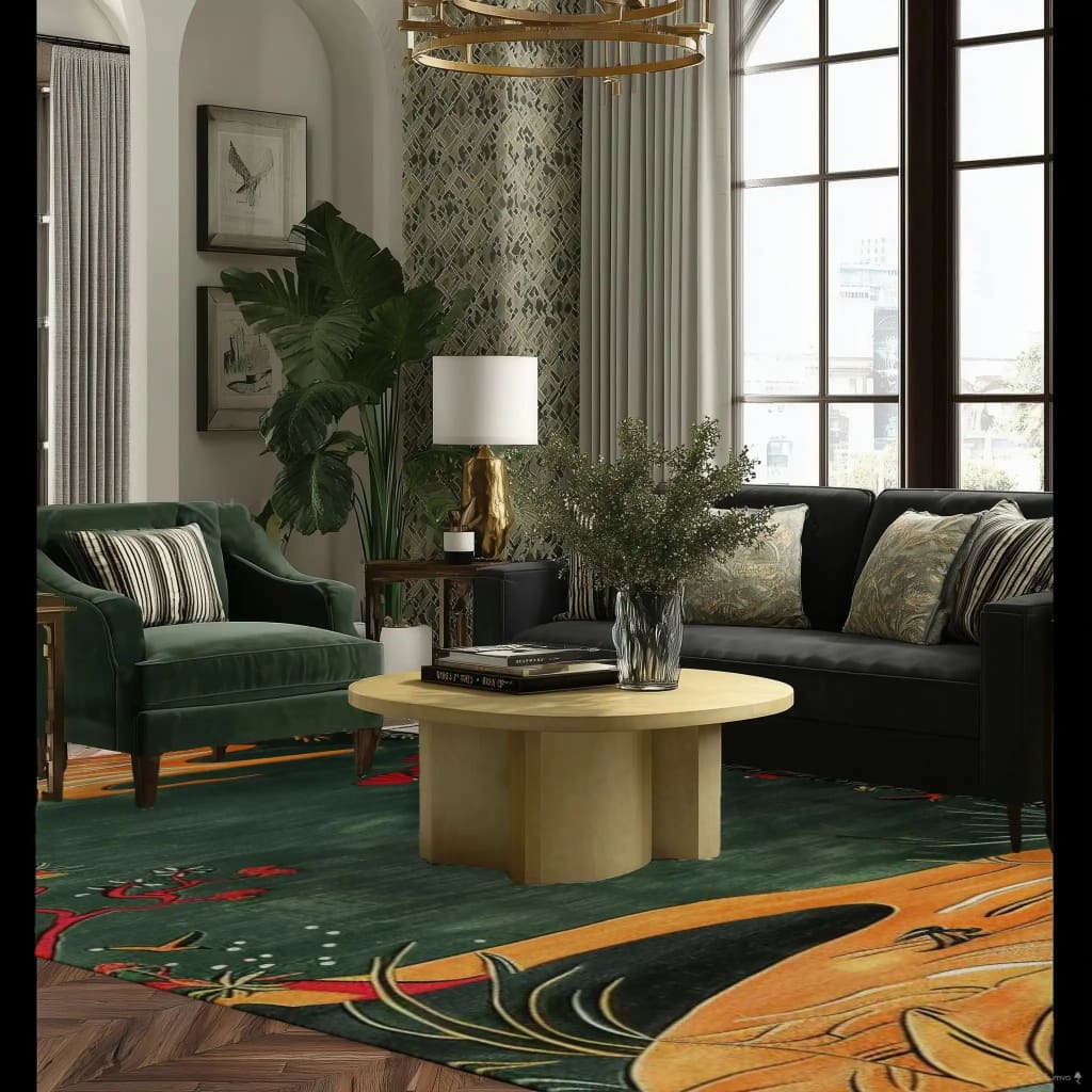 A stylish living room showcasing the Path to Paradise hand tufted area rug. The contemporary wool rug, with its vibrant abstract design, complements the elegant furniture. A round table and plush velvet chairs are set against large windows, creating a warm and inviting atmosphere perfect for a dining room or formal gathering space.