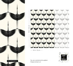 Pattern detail sheet of the Black Heron crane design with close-up motif and panel dimensions