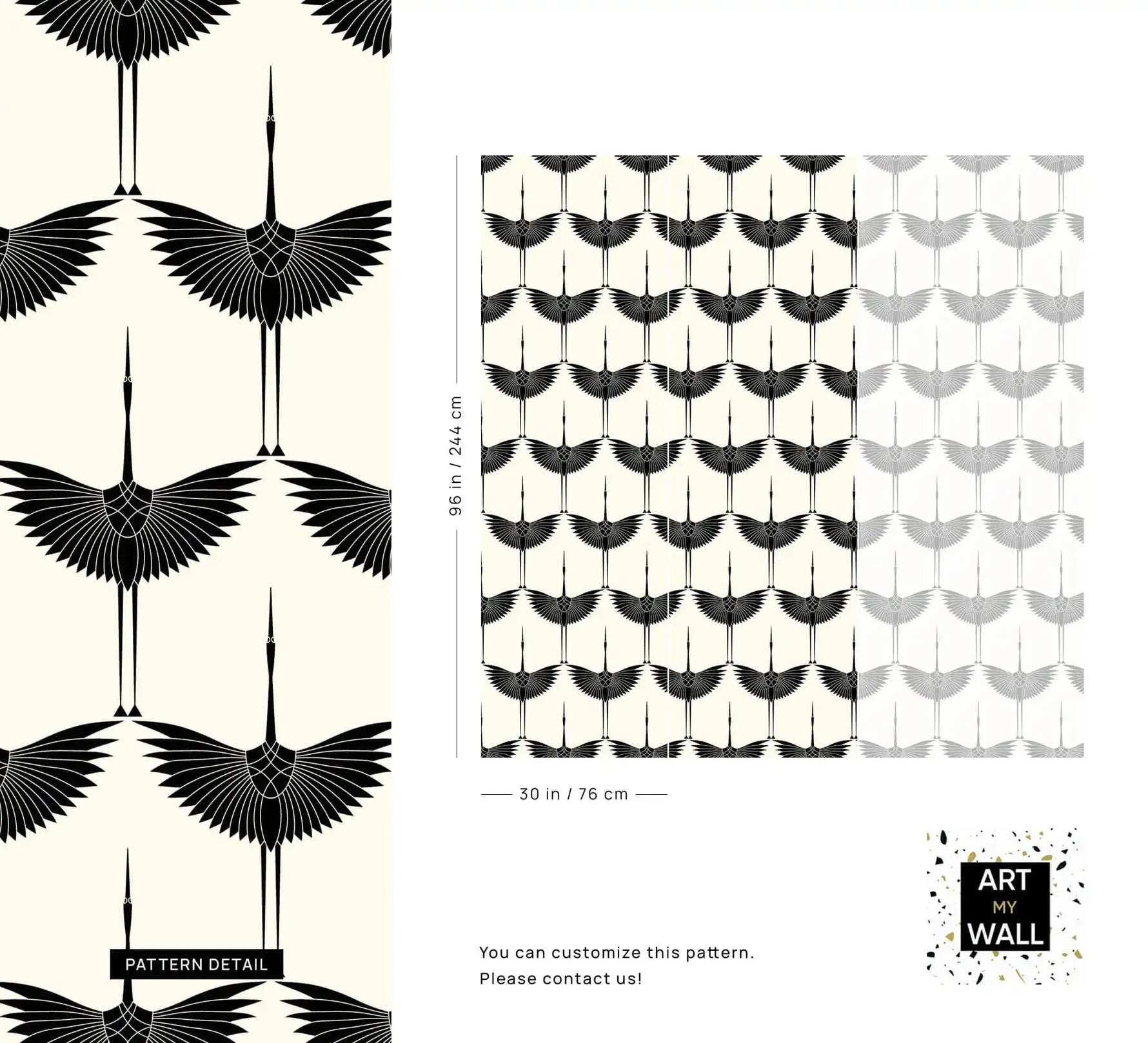 Pattern detail sheet of the Black Heron crane design with close-up motif and panel dimensions