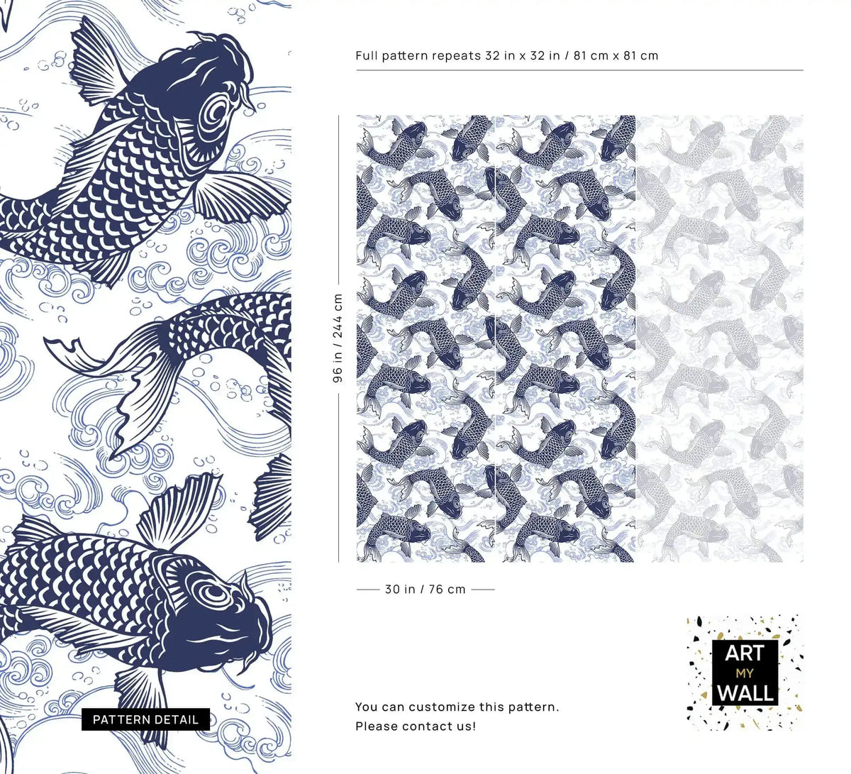 Pattern detail sheet of the Koi Pond Serenity koi-and-wave design with close-up and dimensions