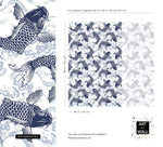 Pattern detail sheet of the Koi Pond Serenity koi-and-wave design with close-up and dimensions