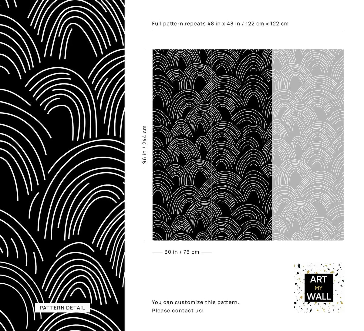 Pattern detail sheet of the Minimalist Midnight Lines design with close-up and panel dimensions