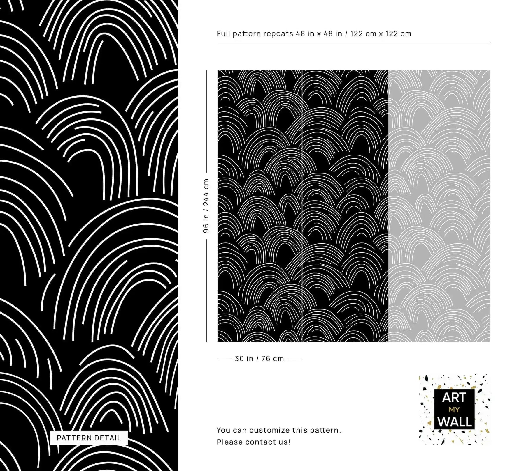 Pattern detail sheet of the Minimalist Midnight Lines design with close-up and panel dimensions