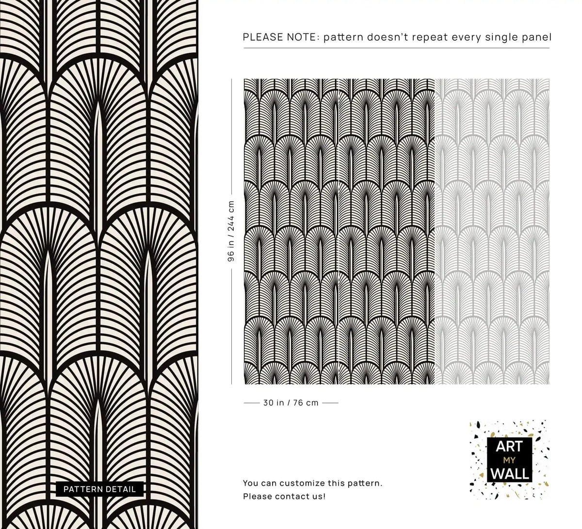 Pattern detail sheet of the Monochrome Deco fan design with close-up and panel dimensions